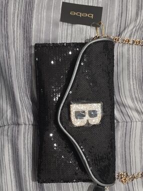 bebe Black Sequin Wristlet with Gold 'B' Logo